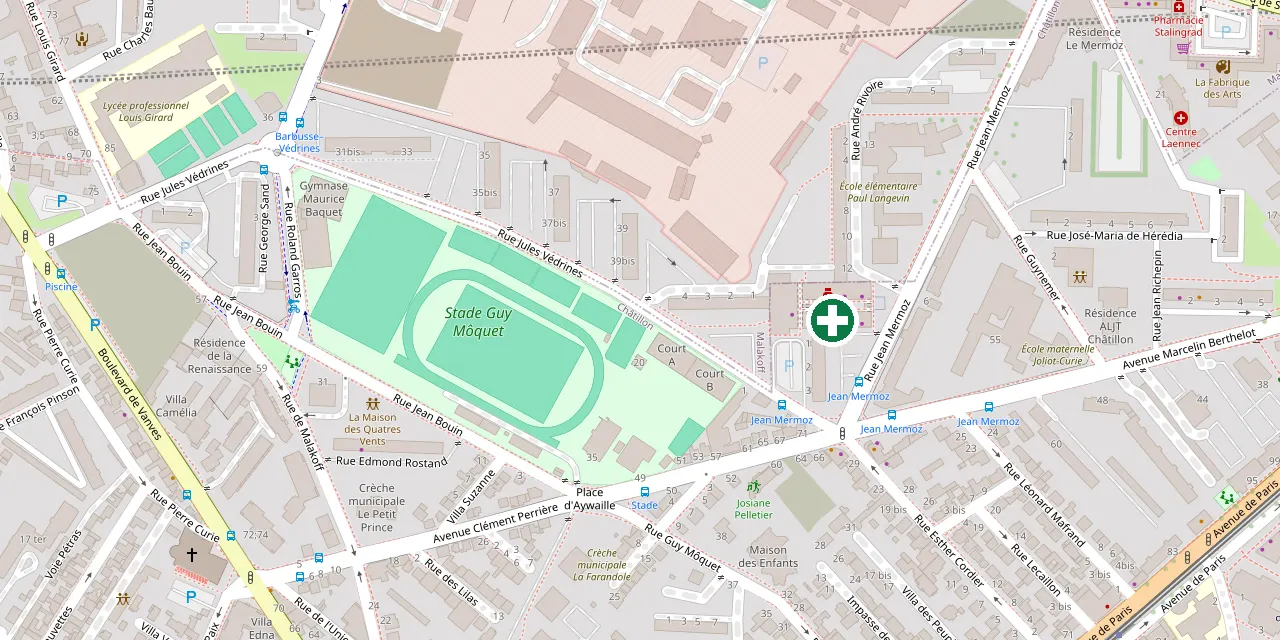 Plan du quartier, la pharmacie est marquée d'une croix verte place Jean Mermoz
